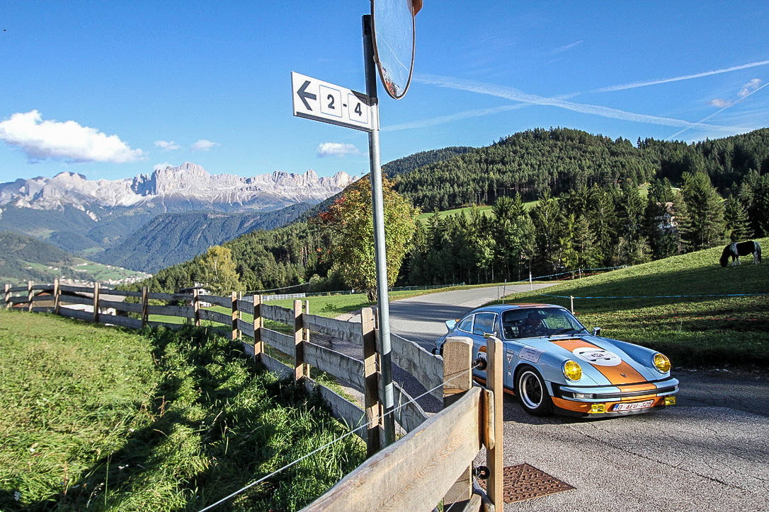 Ein Porsche fährt vor dem Panorama des Rosengartens.